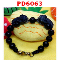 PD6063 : สร้อยข้อมือปี่เซียะคู่ หินอะเกตสีดำ สร้อยเชือกตะขอทอง