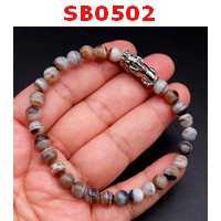 SB0502 : สร้อยช้อมือหินอะเกตลายขาว+ปี่เซียะสีเงิน